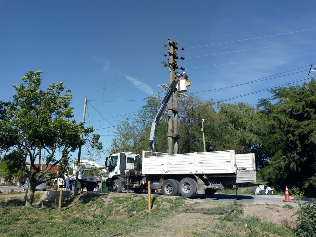 Instalación de línea de media tensión en una calle arbolada